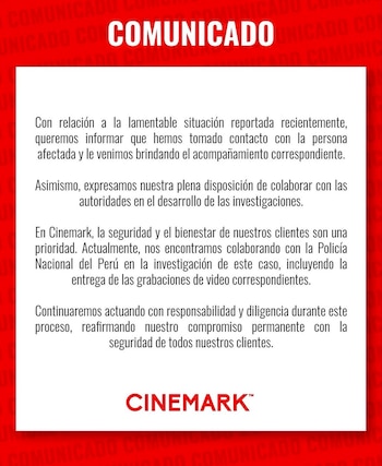 Cinemark San Miguel responde tras denuncia por ingreso de hombre en baño de mujeres| Foto: Comunciado de Cinemark