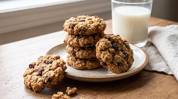 Una pila de galletas de avena con pasas sobre un plato, una galleta individual, un vaso de leche, trozos de nuez y un paño de tela.