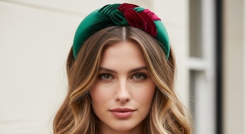 Primer plano de una mujer con cabello castaño claro y ondas, que lleva una vincha de terciopelo trenzada en verde y rojo.