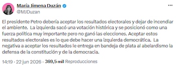 María Jimena Duzán instó a Gustavo Petro a reconocer resultados y evitar tensiones tras las elecciones - crédito @MJDuzan/X