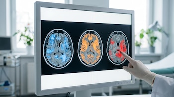 Monitor en consultorio médico mostrando tres resonancias magnéticas cerebrales con áreas resaltadas en azul, naranja y rojo. Un dedo enguantado apunta a la imagen roja.
