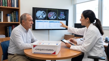 Una médica con bata blanca y tableta señala una pantalla con tomografías hepáticas frente a un paciente sentado ante una mesa.