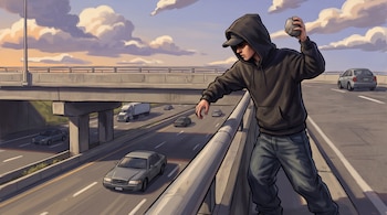 Ilustración de un joven con capucha y gorra que sostiene una roca junto a la barandilla de un puente sobre una carretera con vehículos.