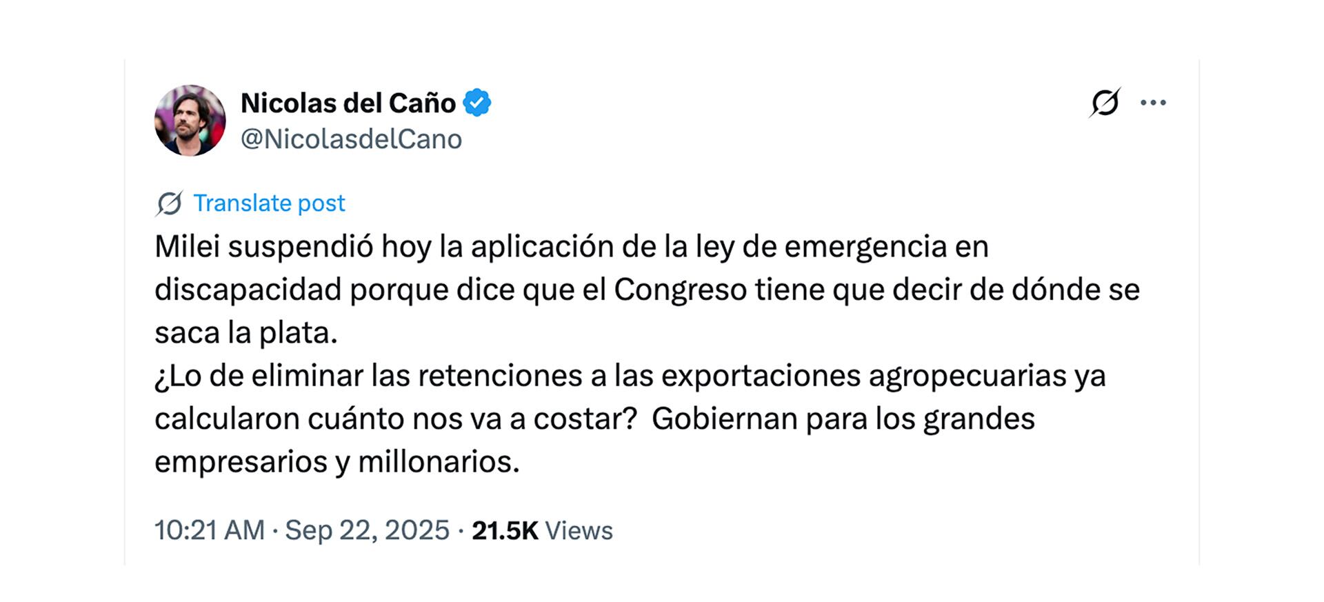 Tuit del diputado de izquierda Nicolás del Caño