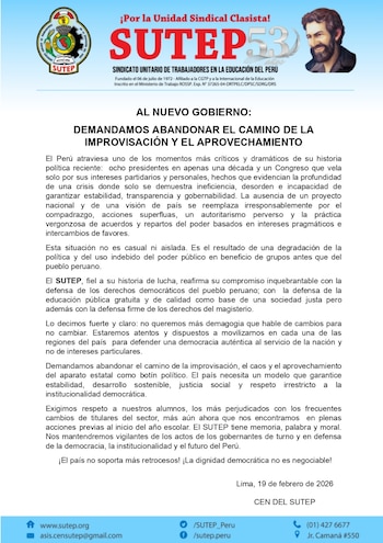 Comunicado de SUTEP en blanco y azul, con el logo del sindicato, un retrato de José Carlos Mariátegui y texto en español dirigido 'AL NUEVO GOBIERNO'