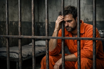 Hombre barbudo con mono naranja sentado detrás de barrotes oxidados en una celda de prisión, con una mano en la cabeza y expresión pensativa.