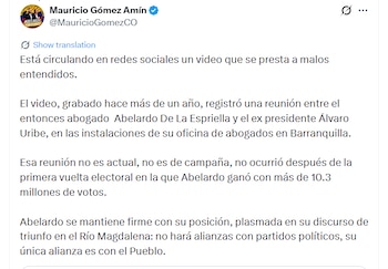 Gómez Amín reiteró que De La Espriella mantiene su decisión de no realizar alianzas con partidos políticos - crédito @MauricioGomezCO/X
