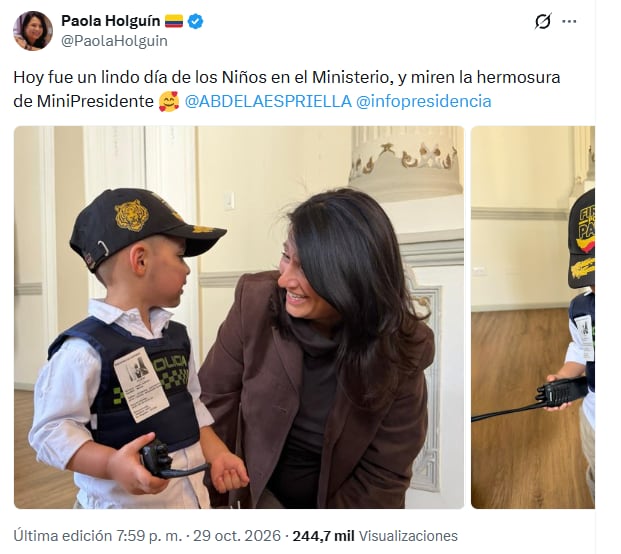 En sus redes sociales, la ministra de Cultura, Paola Holguín, compartió imágenes de un niño disfrazado de Abelardo de la Espriella, lo que generó críticas - crédito @PaolaHolguin/X