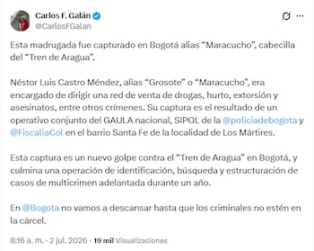 Carlos Fernando Galán fue el encargado de revelar la captura de alias Maracucho - crédito @CarlosFGalan/X