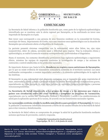 Personal de salud en Honduras confirmó un caso importado de sarampión en Corinto, Omoa, después de que una paciente acudió por fiebre, tos, ojos rojos, dolor de cabeza, secreción nasal y dificultad para respirar, síntomas compatibles con la enfermedad. (Secretaría de Salud de Honduras)