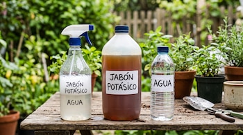 Tres recipientes de plástico con etiquetas de agua y jabón potásico sobre una mesa de madera entre macetas de plantas.