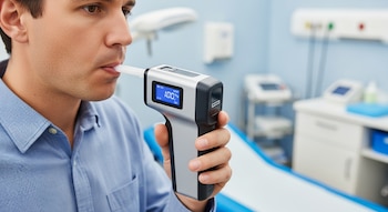 Hombre con camisa azul soplando en la boquilla de un analizador de aliento digital con pantalla que muestra 100%, en un entorno médico.