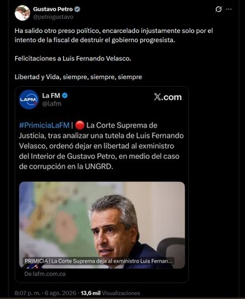 Gustavo Petro celebró en X la posible libertad de Luis Fernando Velasco y afirmó que fue encarcelado injustamente - crédito @petrogustavo / X