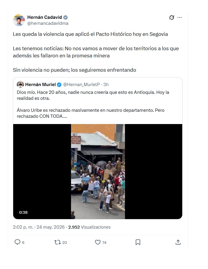En sus redes sociales, el congresista del Centro Democrático Hernán Cadavid expresó su respaldo a Álvaro Uribe - crédito @hernancadavidm/X