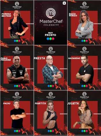 Mosaico con imágenes promocionales y nombres de los participantes del programa MasterChef Celebrity sobre un fondo rojo y negro
