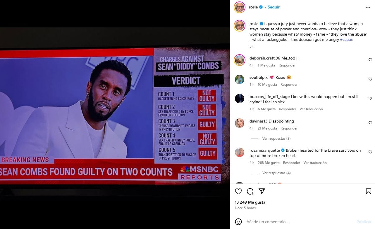 Rosie O’Donnell criticó la decisión del jurado y puso en discusión el manejo de casos de poder y abuso en la industria del entretenimiento (Instagram/@rosie)