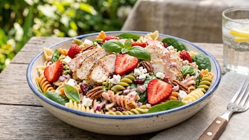 Un tazón de ensalada de pasta fría con pollo rebanado, fresas a la mitad, nueces, queso feta, espinacas y aderezo cremoso sobre una mesa de madera