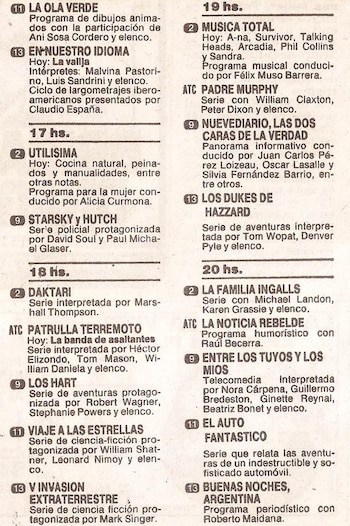 Un recorte de periódico antiguo muestra una grilla de programación televisiva en español de 1986, con títulos de programas y horarios