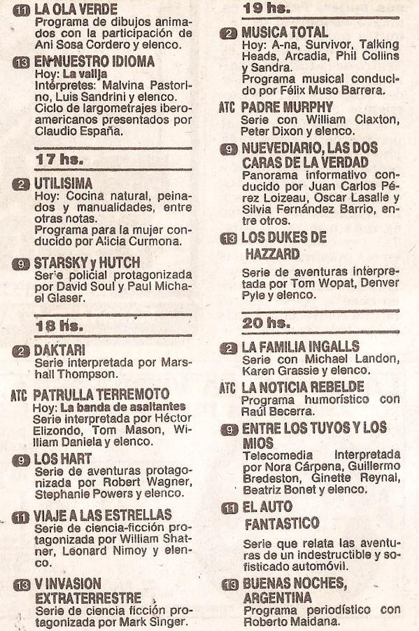 Una hoja de programación televisiva de 1986 muestra los programas del día, destacando 'La Ola Verde' en sus inicios, antes de que Flavia Palmiero se convirtiera en su icónica conductora.