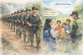 Una ilustración acuarelada compara el reclutamiento forzado de niños con las iniciativas de protección legal y apoyo institucional en Colombia - crédito