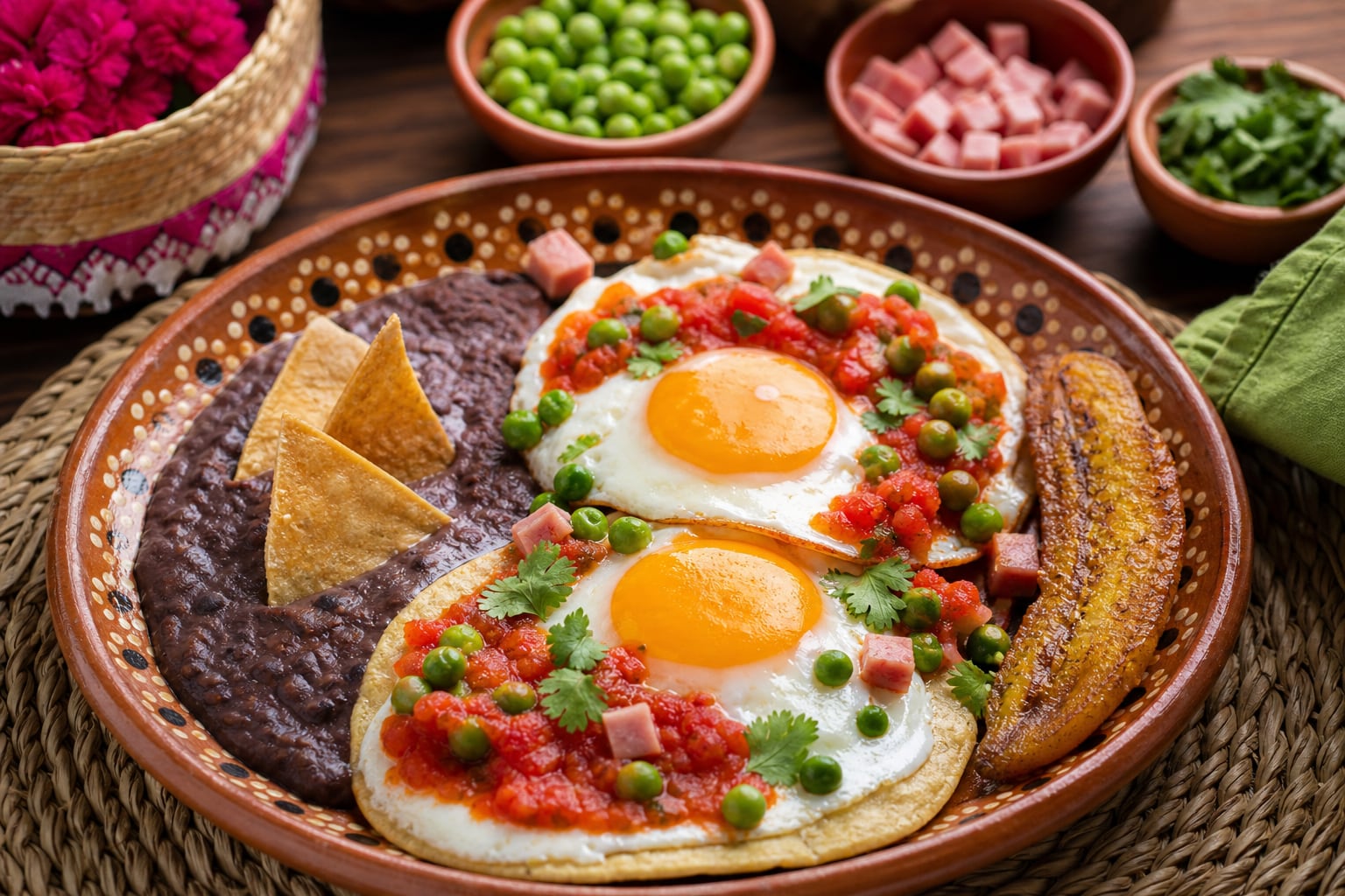 Un plato tradicional de huevos motuleños contiene huevos fritos sobre tortillas con salsa de tomate, guisantes, jamón en cubos, frijoles negros y plátano macho frito. (Imagen Ilustrativa Infobae)