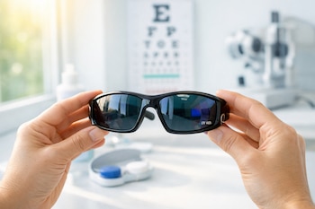 Manos sostienen gafas oscuras con filtro UV, delante de una ventana con luz natural, un cartel de agudeza visual y equipos oftalmológicos.
