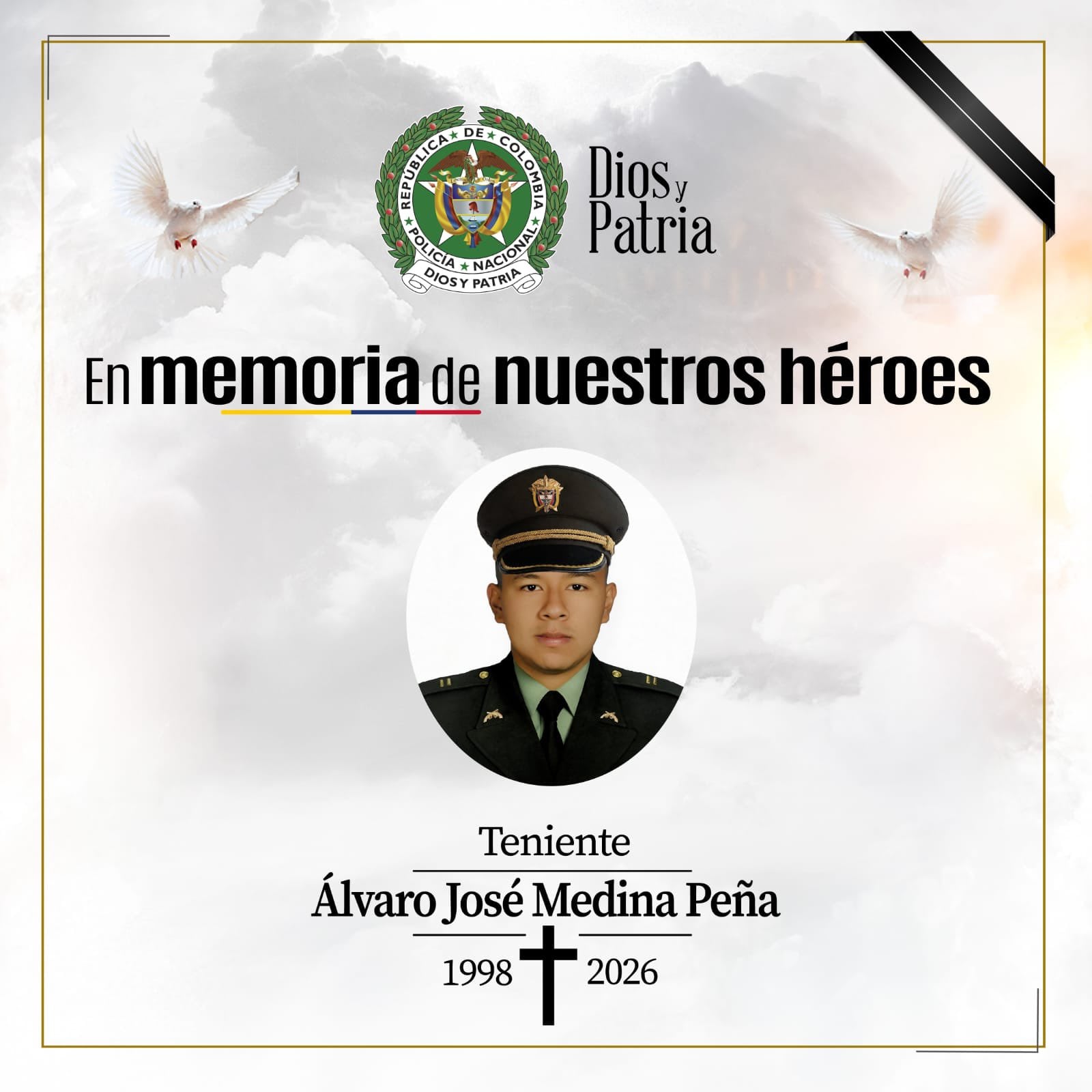 El teniente Álvaro José Medina Peña fue asesinado cuando viajaba de Bolívar hacia El Bordo - crédito @PoliciaColombia/ X