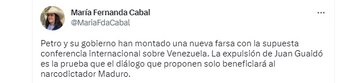 Tuit de la senadora María Fernanda Cabal