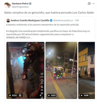 Captura de pantalla de una publicación en la red social X realizada por Gustavo Petro que incluye un mensaje citado con tres videos de policías