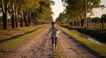 Un niño de unos 8 años corre descalzo por un camino de tierra bordeado por árboles y un arroyo al atardecer.