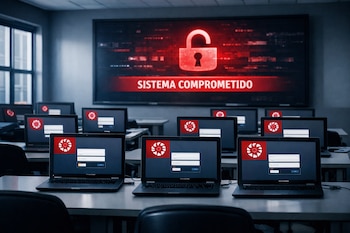 Aula universitaria moderna y vacía con filas de laptops. Las pantallas muestran el inicio de sesión de Canvas y una pizarra digital con 'Sistema comprometido'.