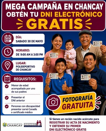 La jornada permitirá obtener o regularizar el documento con inscripción por primera vez, renovación por caducidad y actualización de imágenes - Créditos: Municipalidad de Chancay.