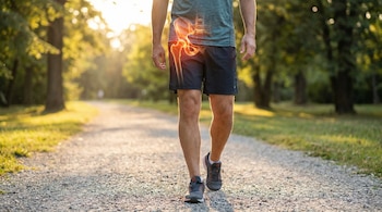 Persona adulta en ropa deportiva caminando por un sendero con la cadera resaltada en la imagen