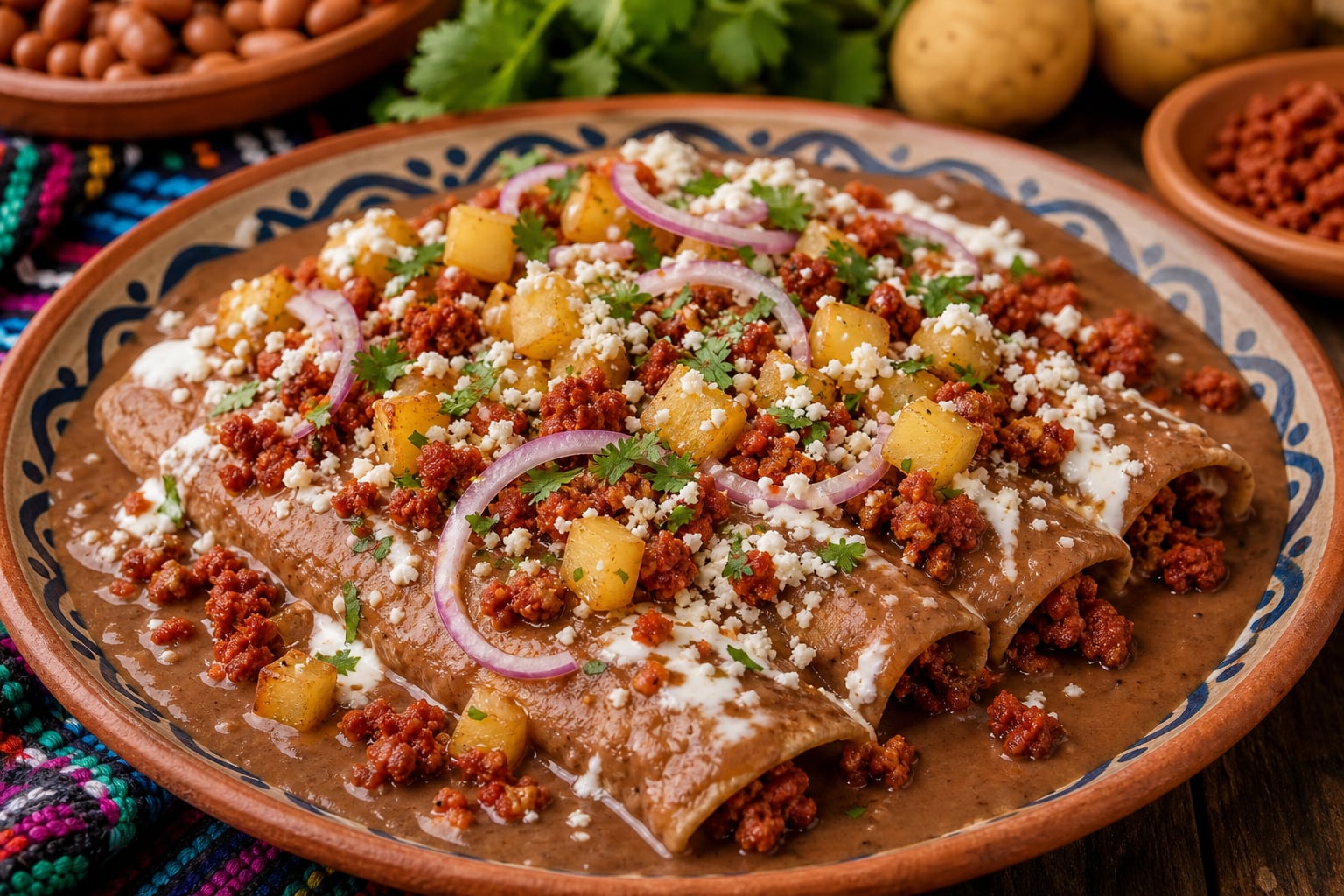 Un plato de enfrijoladas mexicanas contiene tortillas bañadas en salsa de frijol, cubiertas con chorizo, papas en cubos, cebolla morada y queso fresco. (Imagen Ilustrativa Infobae)