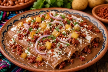 Enfrijoladas bañadas en salsa de frijol, decoradas con chorizo, cubos de papa, cebolla morada, queso desmoronado y cilantro en un plato de barro.