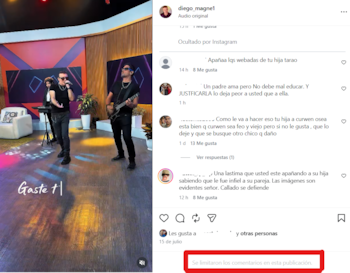 Pantalla de Instagram con video de banda, publicación de usuario diego_magne1 y comentarios. Un recuadro rojo señala: "Se limitaron los comentarios en esta publicación"