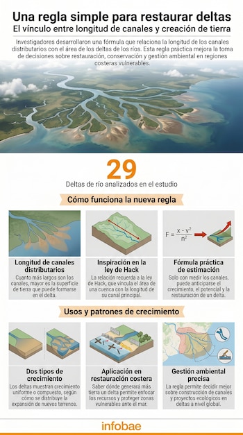 Un delta fluvial visto desde el aire, con numerosos canales de agua que se ramifican a través de islas cubiertas de vegetación, desembocando en un mar claro.
