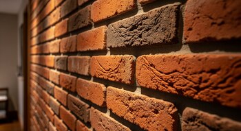 Acercamiento fotográfico a una pared interior de ladrillos rojos Flaming Alamo en una casa.