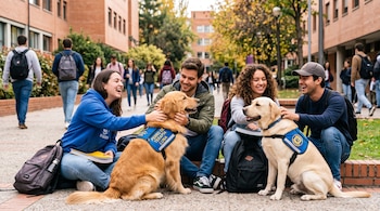 Cuatro jóvenes sentados en el suelo acarician a dos perros con chalecos identificativos en el patio de una universidad.