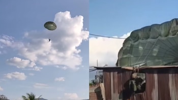 Composición de dos fotos con un paracaidista en pleno vuelo y otro sobre el techo de una vivienda con la tela del paracaídas extendida