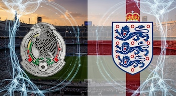 Escudo de la Selección Nacional de México, escudo de la selección de Inglaterra, Estadio Azteca de fondo y líneas luminosas que simulan redes de datos.