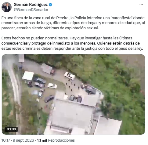 Germán Rodríguez pidió investigar hasta las últimas consecuencias la presunta 'narcofiesta' en Pereira - crédito @GermanRSenador/X