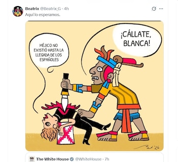 Ilustración de un guerrero indígena apuñalando a una persona vestida con la Cruz de Borgoña, acompañada por globos de texto