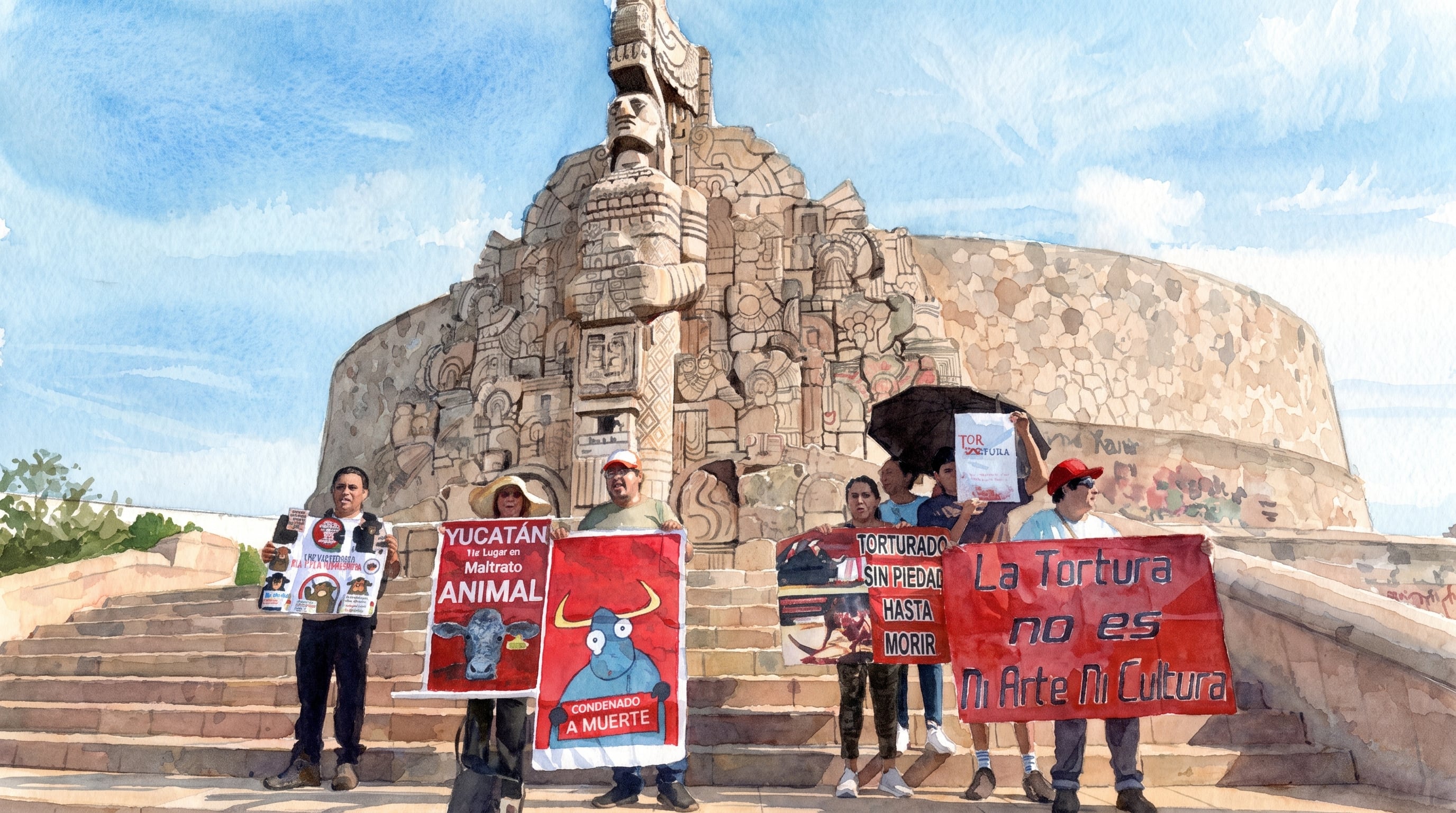 Manifestantes sostienen pancartas contra las corridas de toros y el maltrato animal junto al Monumento a la Patria en Mérida, Yucatán. Foto: Imagen ilustrativa (Imagen Ilustrativa Infobae)