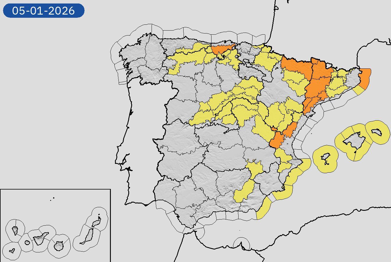 Mapa de alertas meteorológicas para el lunes, 5 de enero de 2026. (Aemet)