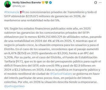Captura de pantalla de una publicación en red social con texto escrito por Heidy Sánchez Barreto sobre TransMilenio y el SITP