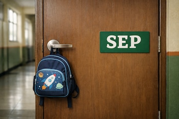 Puerta de aula de madera cerrada con manija plateada. Una mochila azul con diseño de cohete cuelga. Letrero verde con 'SEP' en blanco. Pasillo escolar vacío al fondo.