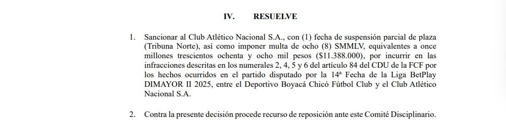 Esta fue la sanción de la Dimayor para Atlético Nacional por uso de bengalas en el partido frente a Boyacá Chicó en Tunja - crédito Dimayor