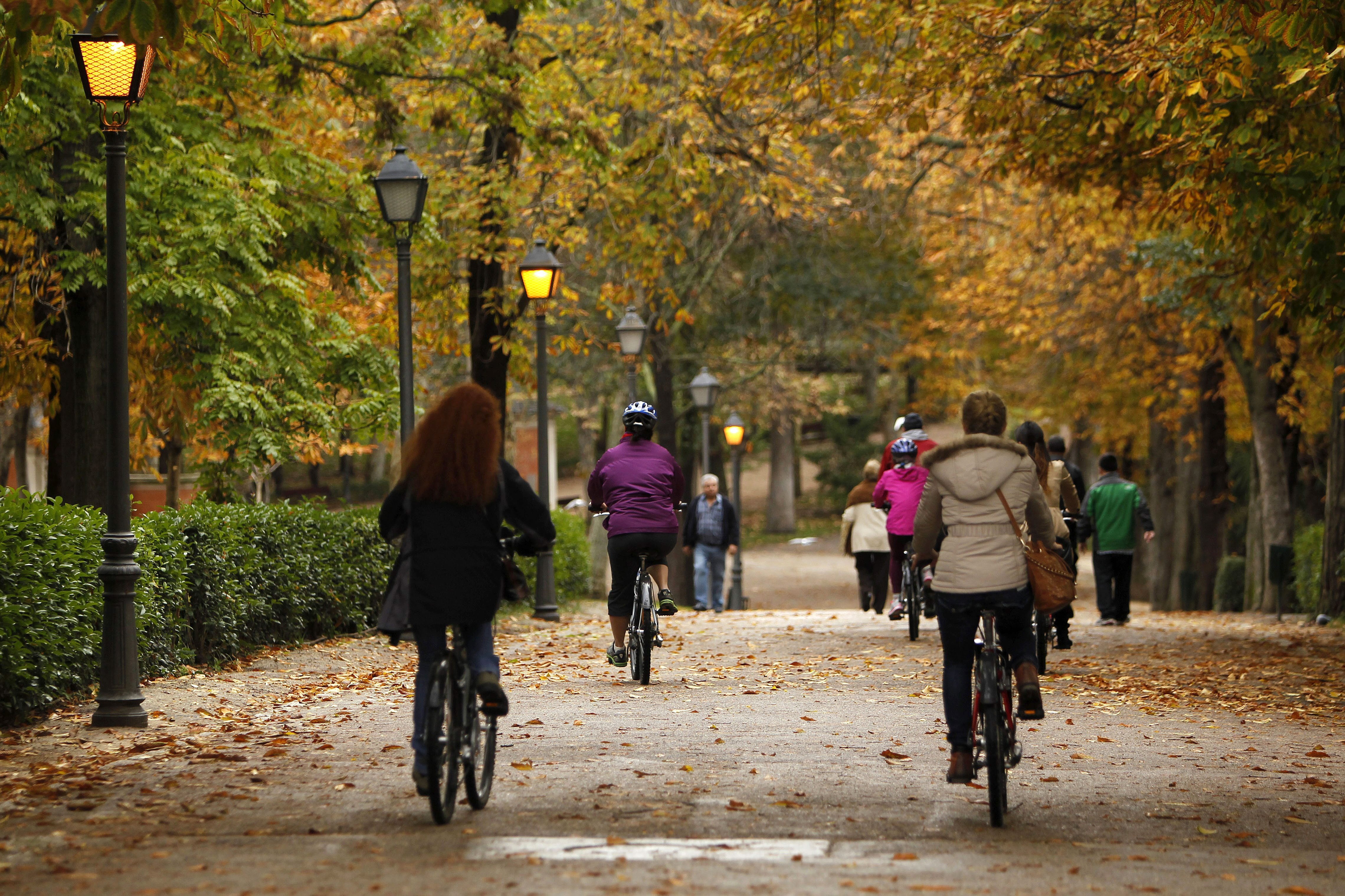 Varias personas pasean en bicicleta por el Parque del Retiro en Madrid durante el otoño. (EFE/Hugo Ortuño)