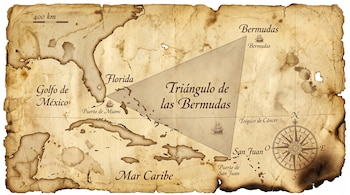 Mapa envejecido con bordes quemados que muestra el Triángulo de las Bermudas, nombres de ubicaciones y una rosa de los vientos.